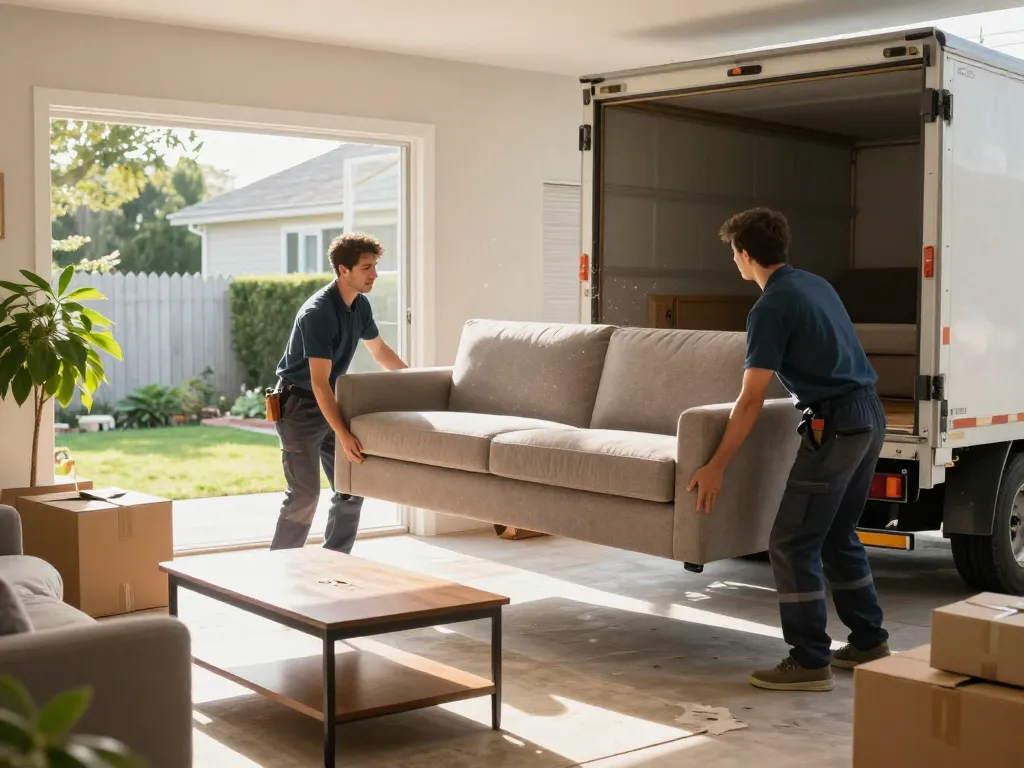 Furniture removal team lifting a large sofa outside a home, showcasing professional service.