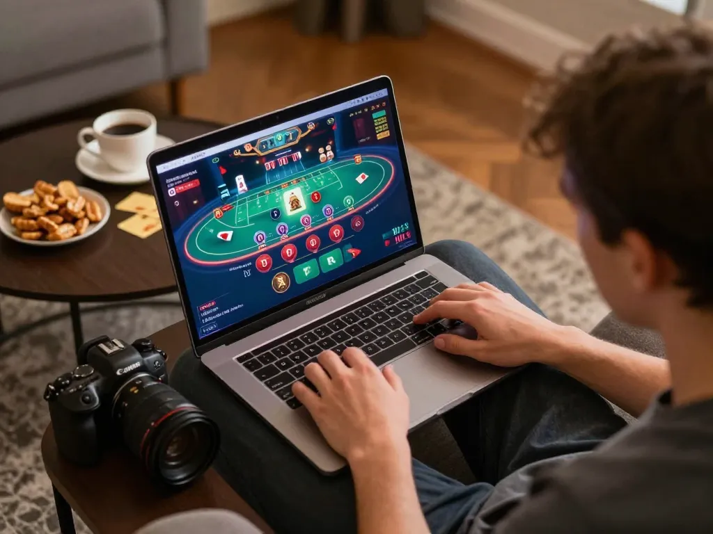 gg88 player engaged in blackjack online session on laptop in cozy home setting