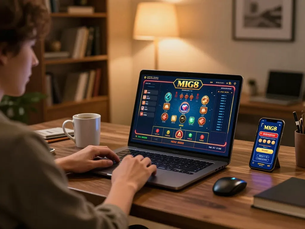 MIG8 player enjoying an online live dealer game in a cozy home setting.