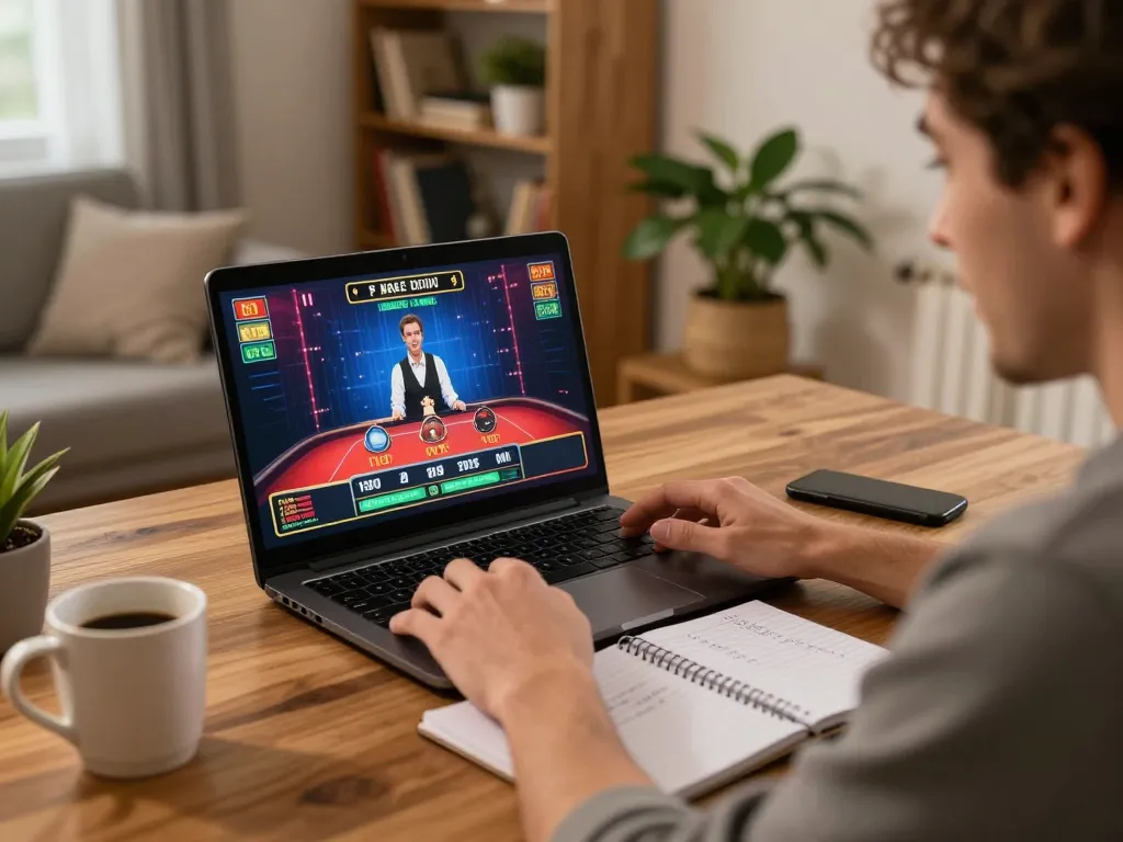 Player engaging with online gaming on 23win laptop at home, celebrating a big win.
