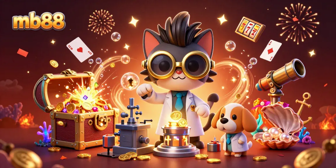 Spin for jackpots at mb88 with a cartoon scientist and loyal pup in a vibrant casino scene.