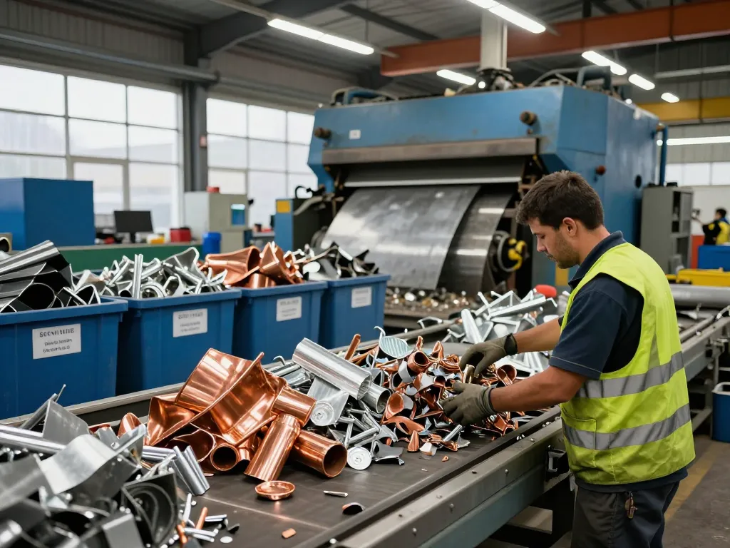 Ein Arbeiter, der verschiedene Metalle in einer geschäftigen Recyclinganlage sortiert, und dabei die dynamische Schrotthandel-Branche betont.