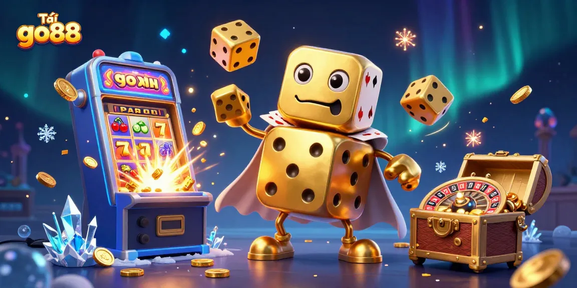 Experience the excitement of Tải go88 with a vibrant scene featuring golden dice and slot machines.