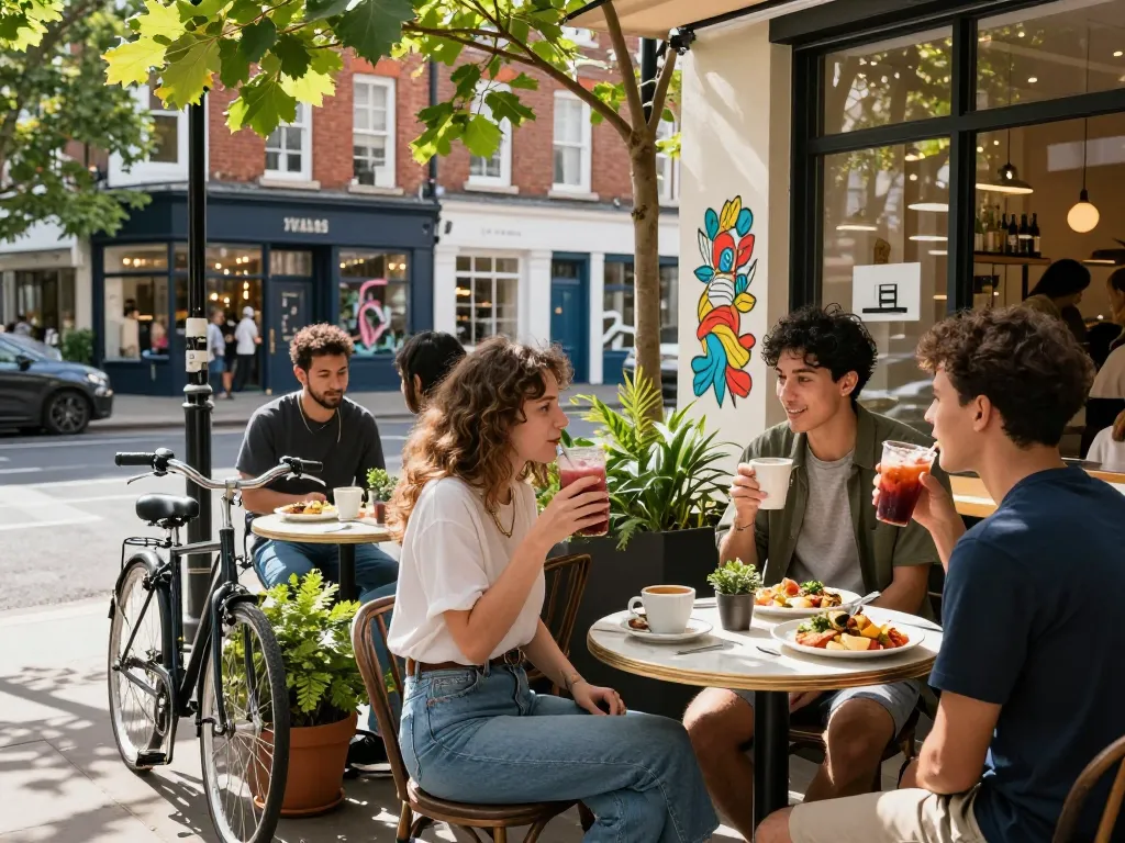Friends enjoying a sunny day at a café near 79 KING Street, showcasing vibrant drinks and urban lifestyle.