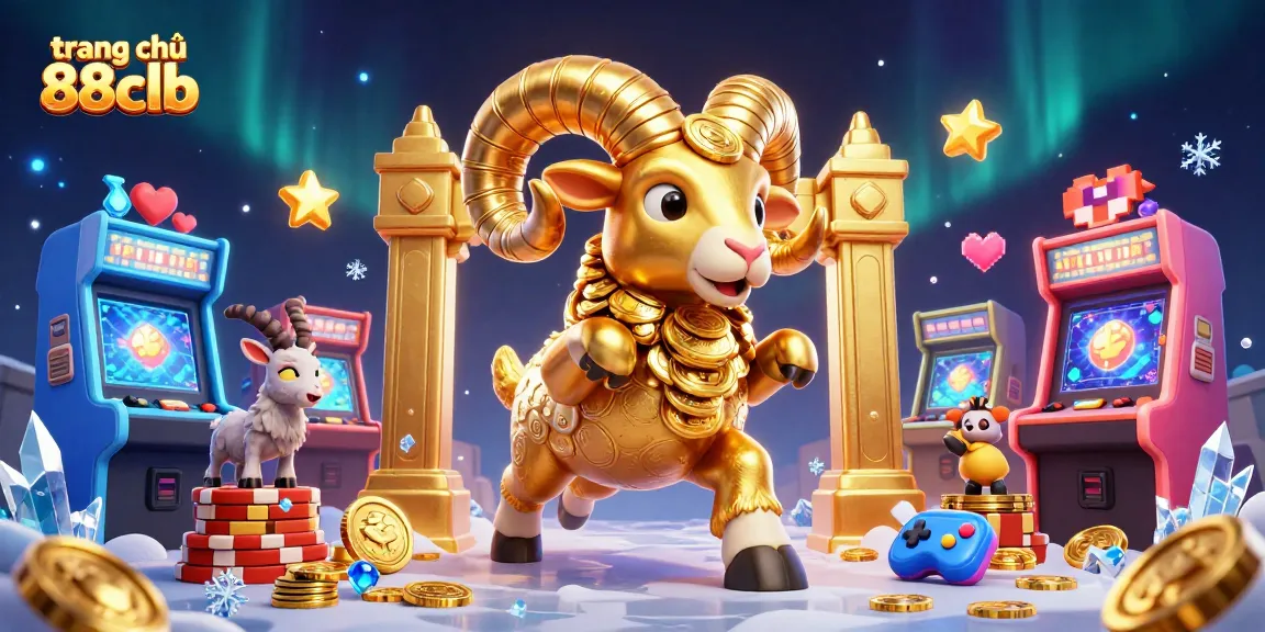 Engage in excitement at trang chủ 88clb with a 3D cartoon scene featuring a charging golden ram and vibrant arcade elements.