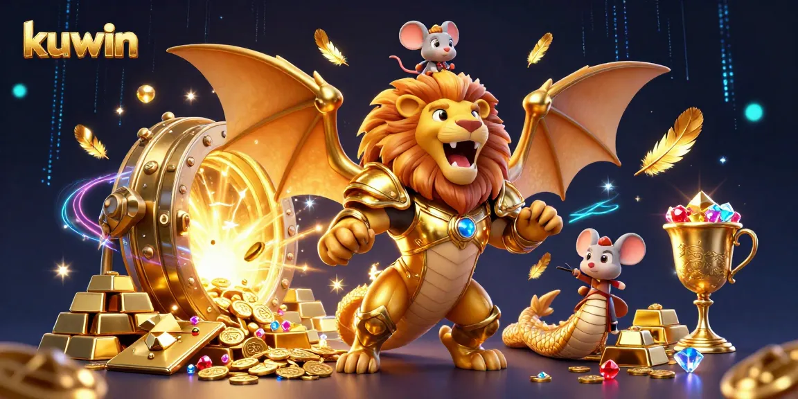 Kuwin's vibrant gaming world showcases triumph with a chimera and brave mouse, surrounded by treasure and excitement.