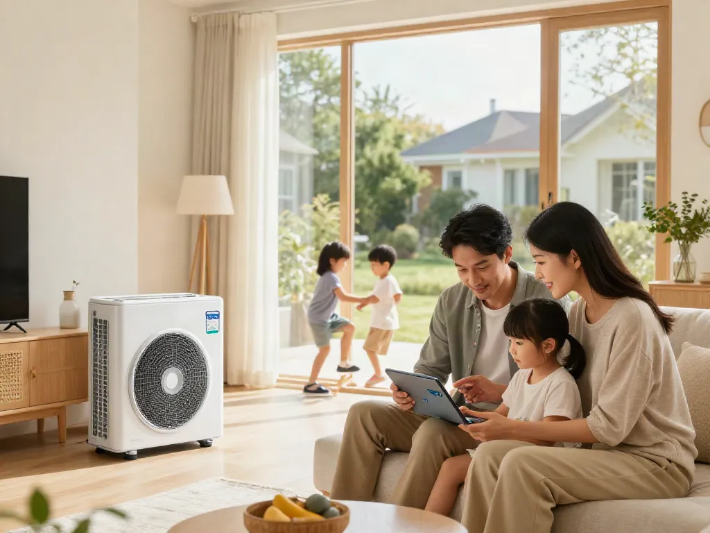 Familie im gemütlichen Wohnzimmer, diskutiert über Wärmepumpen-Kosten und Energieeinsparungen.
