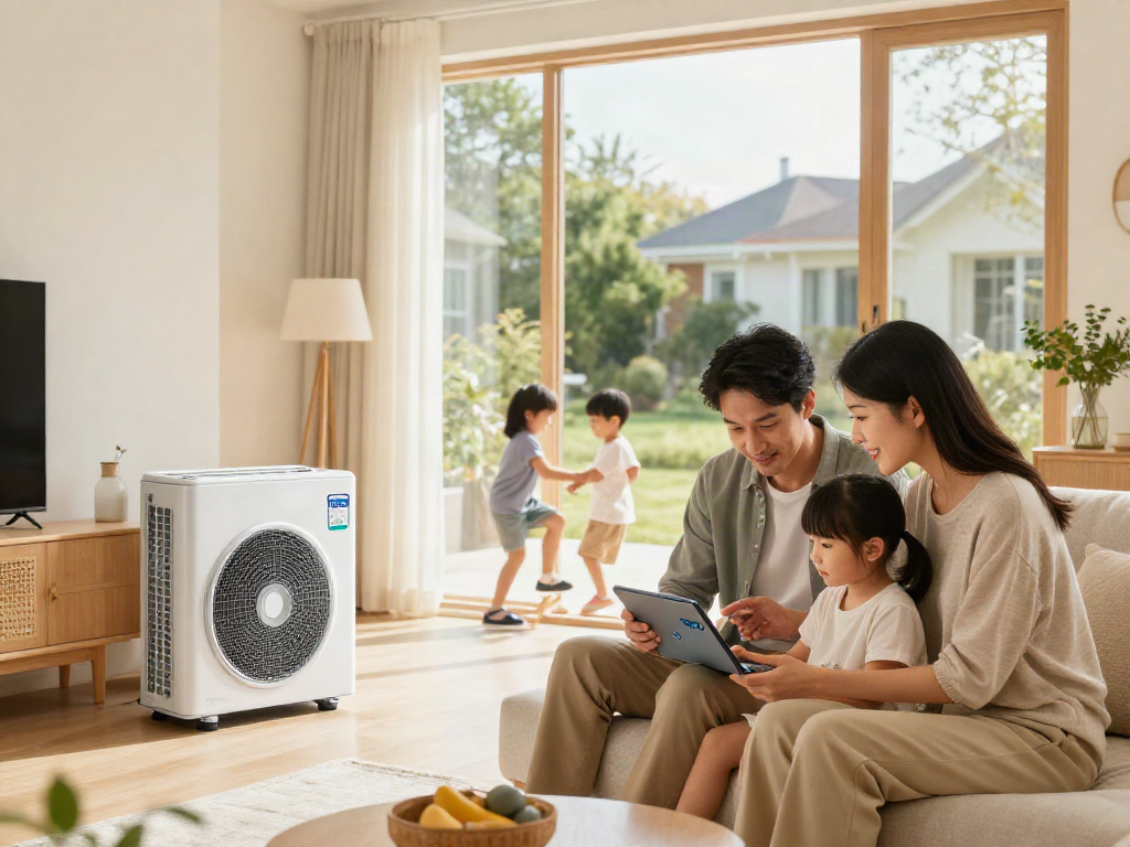 Familie im gemütlichen Wohnzimmer, diskutiert über Wärmepumpen-Kosten und Energieeinsparungen.