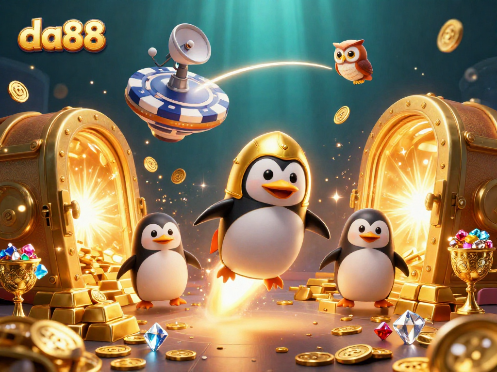 Experience the thrill at da88 with a 3D rocket-powered penguin blasting through a casino-themed space.