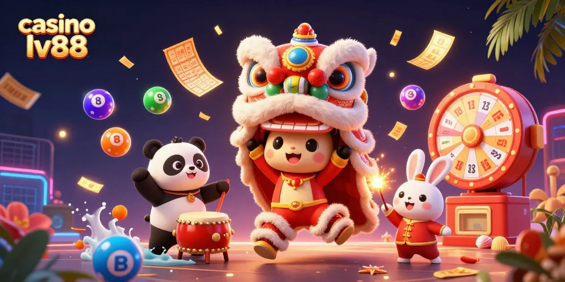 Experience casino lv88's vibrant scene with a lion dance, lottery elements, and festive characters.