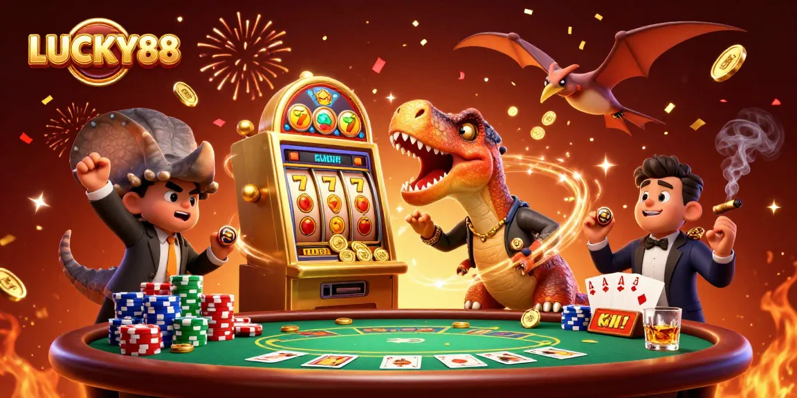 LUCKY88 captivates gamblers as a pachycephalosaurus hits a jackpot slot, with thrilling casino elements around.