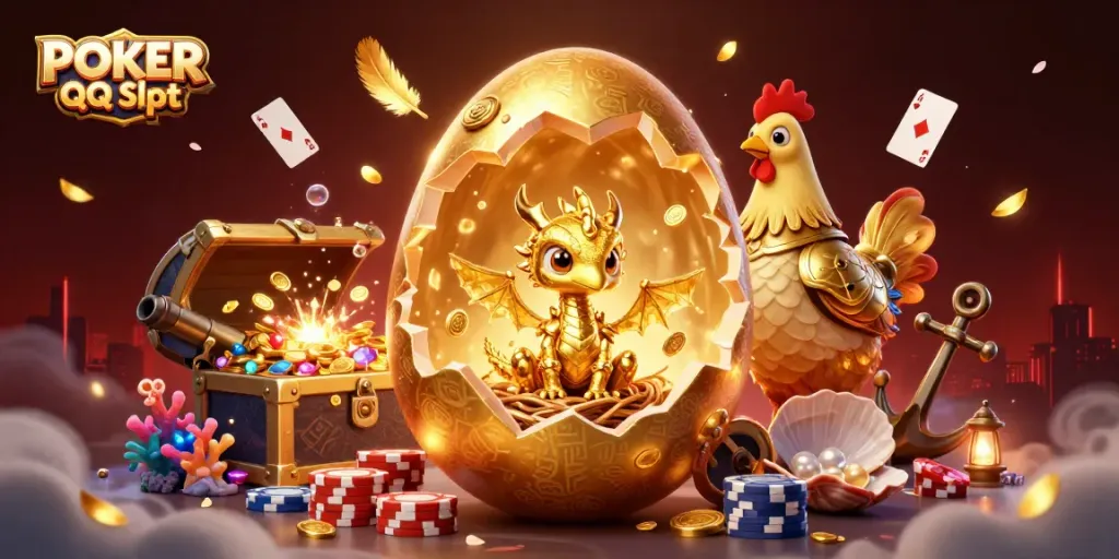 Play exciting POKER QQ Slot with enchanting scenes featuring golden chips and a dragon.