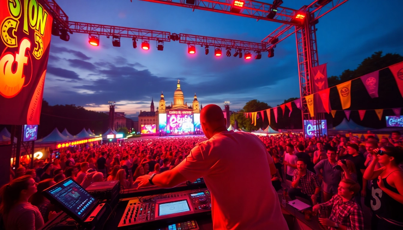 DJ aus München spielt energetische Musik auf einem Festival, die Menge tanzt begeistert.