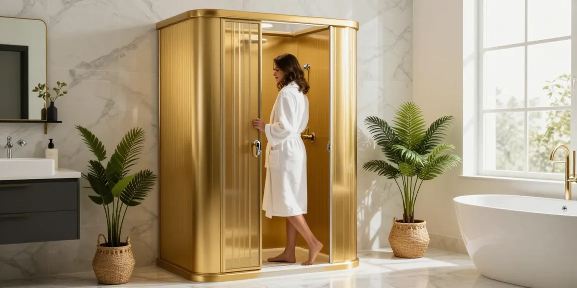 Elegante gouden douchecabine in een moderne badkamer, met een stijlvol ontwerp en een warme sfeer.