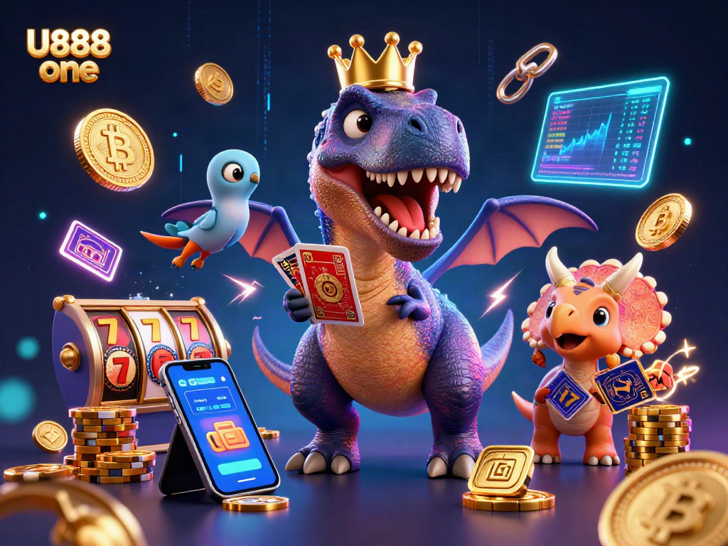 Stack cards and stack chips with U888 one T-Rex surrounded by vibrant casino elements.