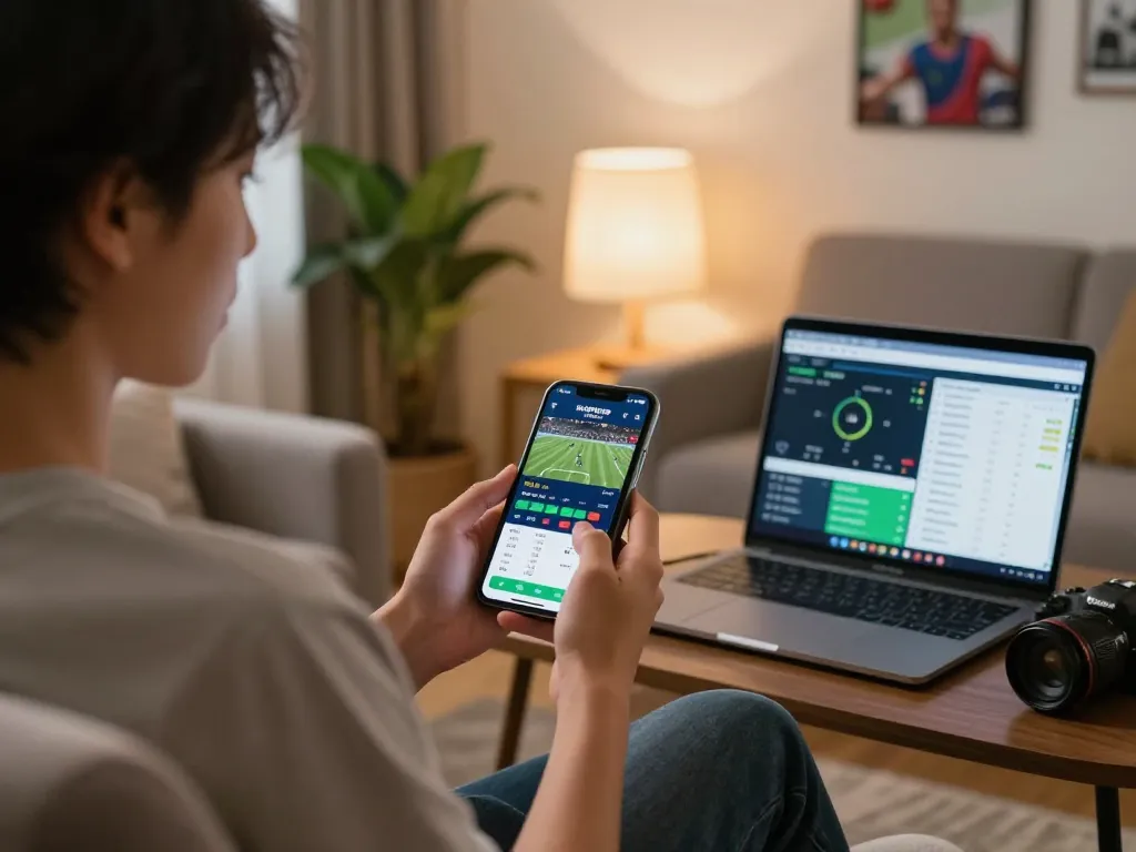 Engaging with the 78win sports betting app in a cozy home setting, showcasing live odds and analytics.