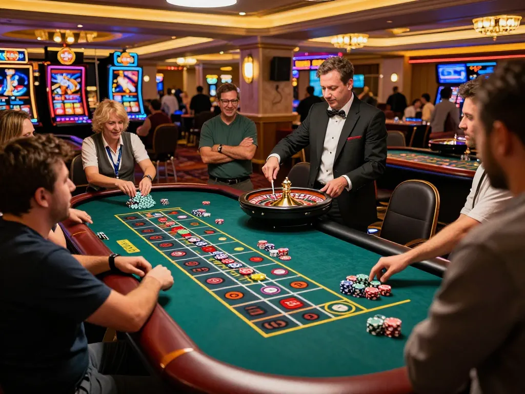 Engaging roulette scene illustrating giải mã số học strategies in an upscale casino, players making bets and enjoying the game