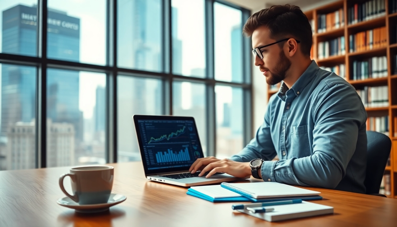 Analyse von ETFs und passive Fonds durch einen Finanzexperten in einem modernen Büro.