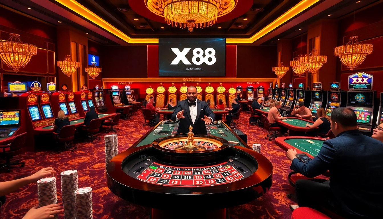 Experience the excitement of XX 88 at a luxurious casino with vibrant roulette tables and eager players.