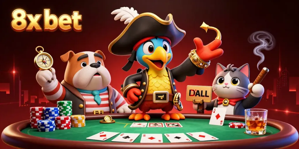 Experience thrilling poker action at 8x bet with a pirate captain, bulldog, and cat amidst poker chips and cards.