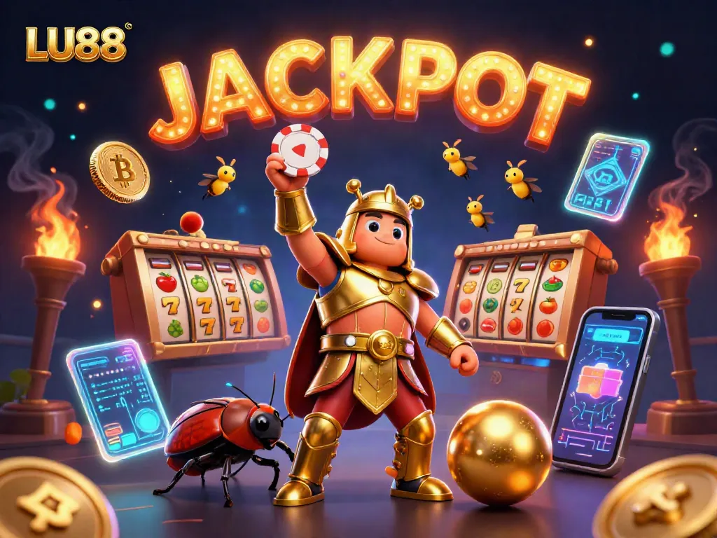 LU88 jackpot celebration scene featuring a victorious beetle and casino elements