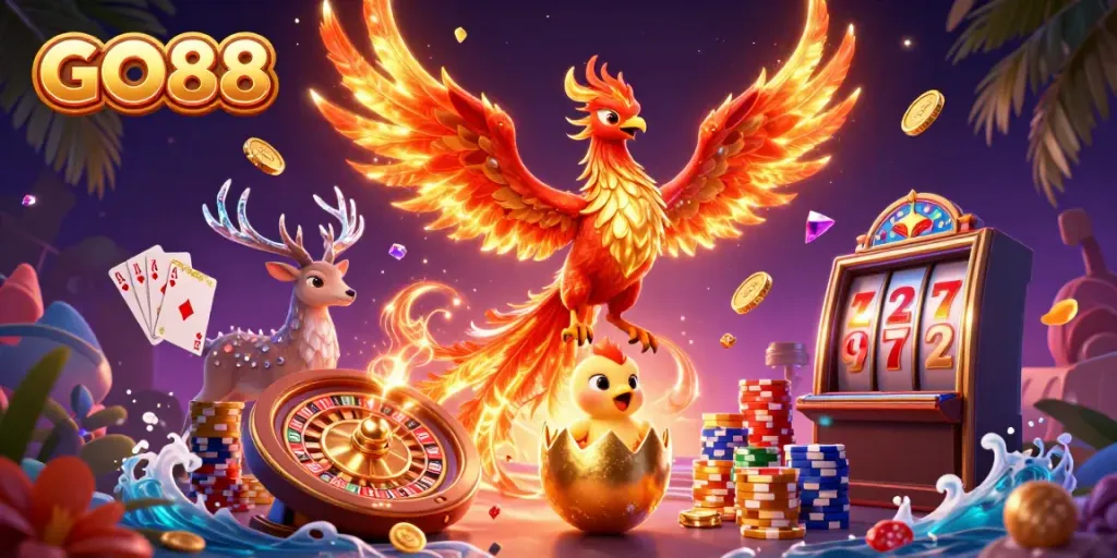 Experience the excitement of GO88 with a vibrant casino scene featuring a phoenix and baby phoenix amidst colorful gaming elements.