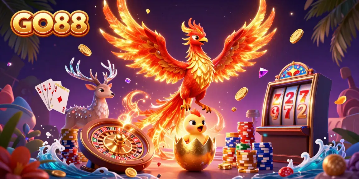 Experience the excitement of GO88 with a vibrant casino scene featuring a phoenix and baby phoenix amidst colorful gaming elements.