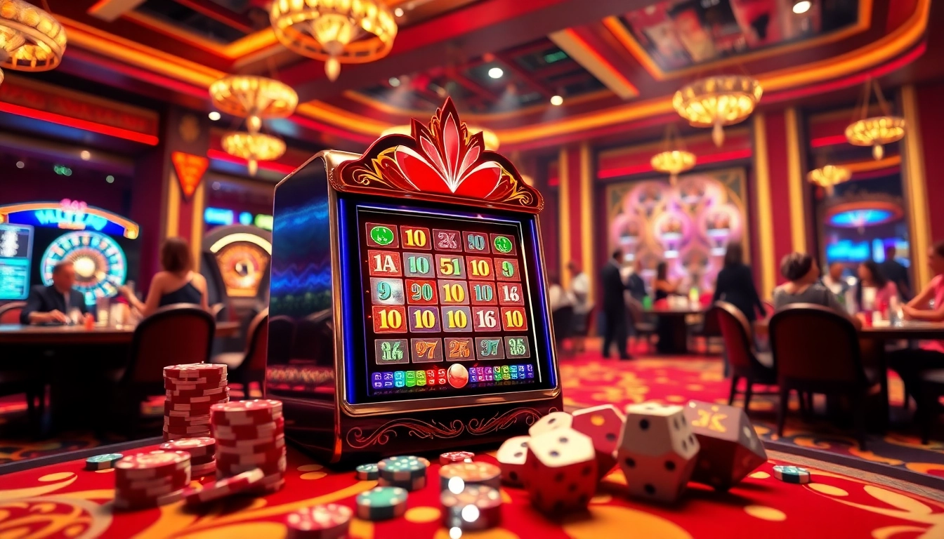 Nổ Hũ Miễn Phí slot machine in a vibrant casino setting with poker chips and dice.