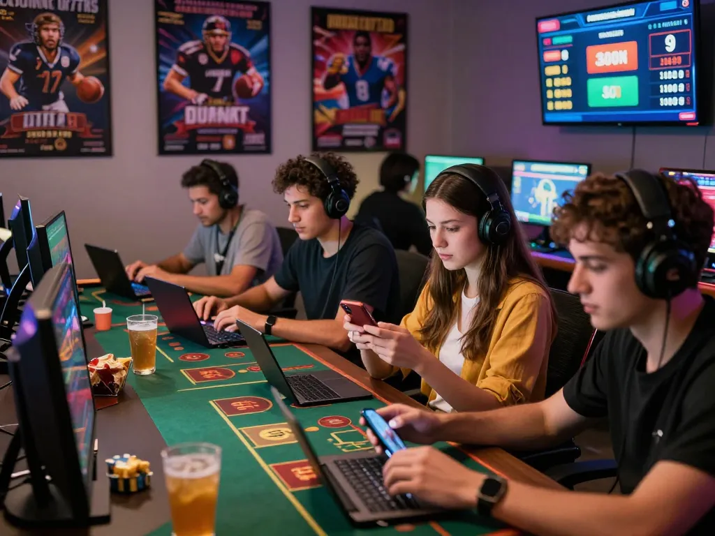 Engaged players exploring VN88 online gambling platform with lively atmosphere and digital gaming interface.