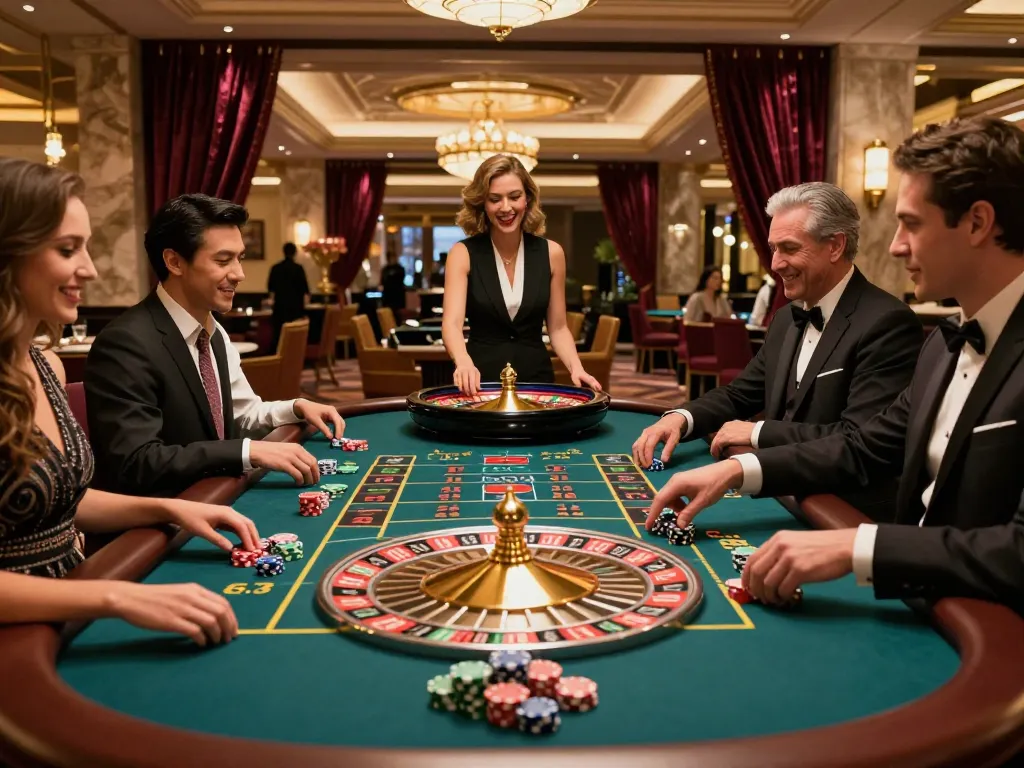 Engaged players placing bets on roulette at a vibrant go99 casino table, joyful atmosphere