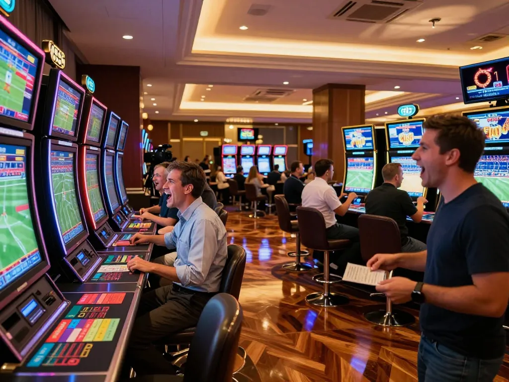 Exciting sports betting at https://lucky88at.com/ with gamblers gathered around screens and cheering.