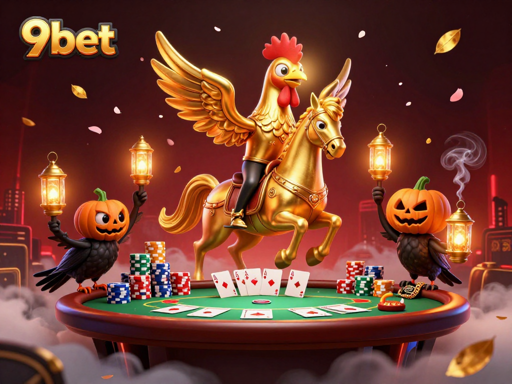 9bet showcases a thrilling midnight casino scene with a golden rooster headless horseman.