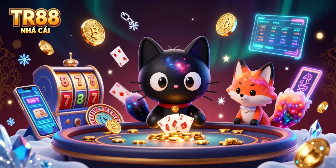 Engage with TR88 NHÀ CÁI's vibrant cosmic casino experience, featuring animated characters and thrilling gaming elements.