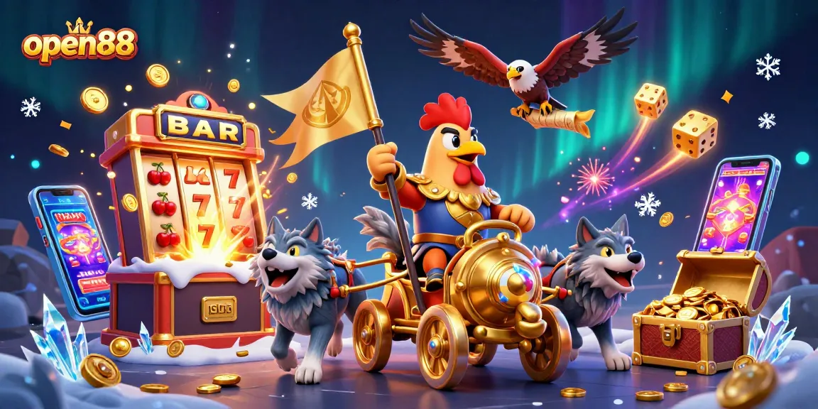 Experience open88's dynamic gaming environment with a vibrant 3D illustration featuring exciting casino elements.