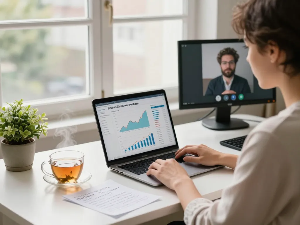 Focused workspace scene illustrating strategies for passives Einkommen aufbauen with charts on a laptop.