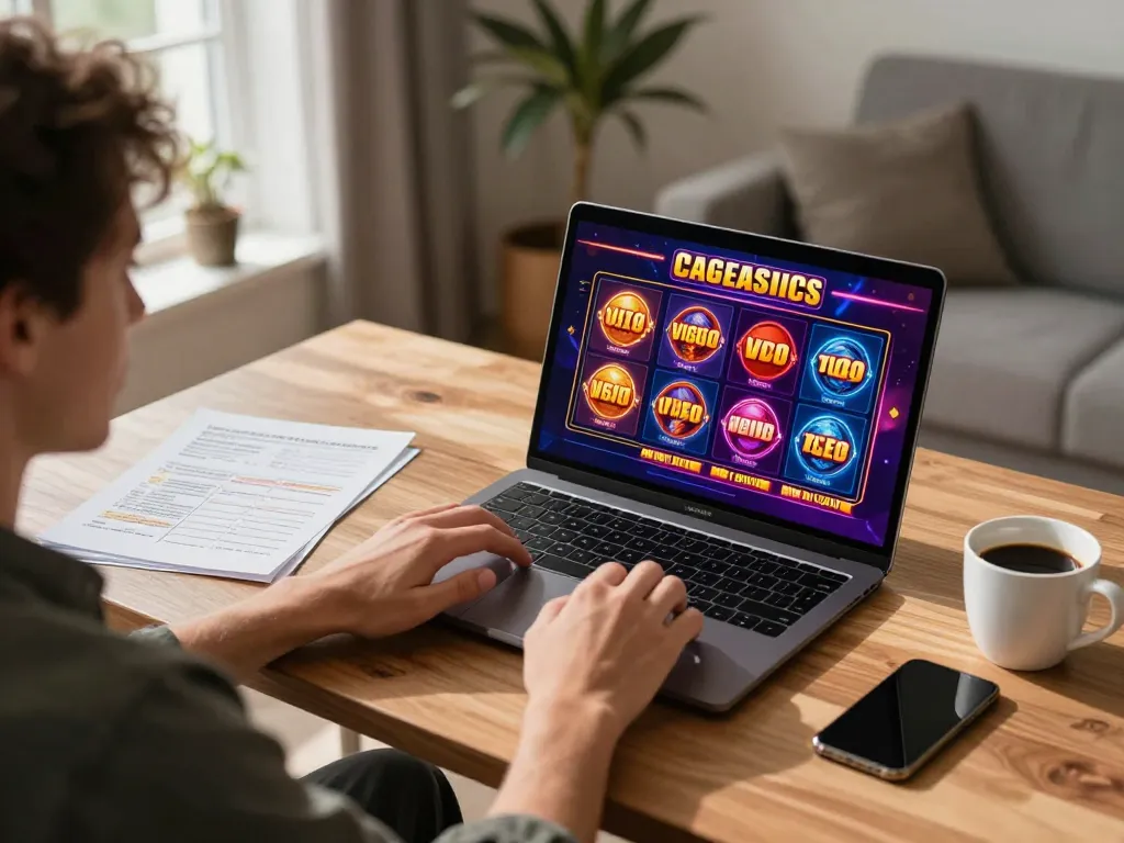 Spielen Sie im Viggo Slots Casino auf einem Laptop, der eine farbenfrohe Benutzeroberfläche zeigt, mit strategischem Wetten im Fokus.