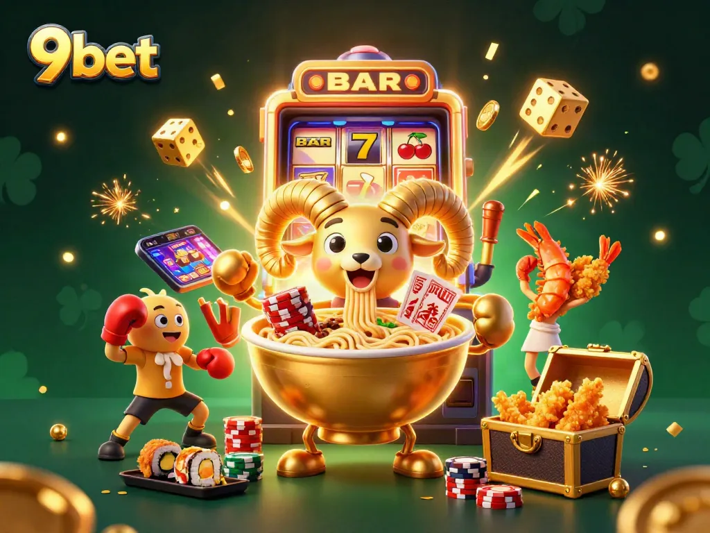 Experience excitement with 9bet's vibrant casino illustration featuring a dynamic golden ramen bowl dealer.