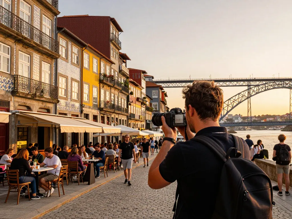 Reisetipps Porto: Reisender, der die lebhaften Straßen von Porto bei Sonnenuntergang festhält.