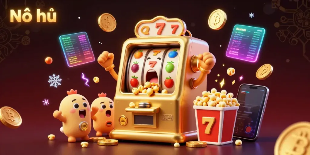 Nổ hũ slot machine hitting a jackpot with cheering baby slot machines and golden coins pouring out