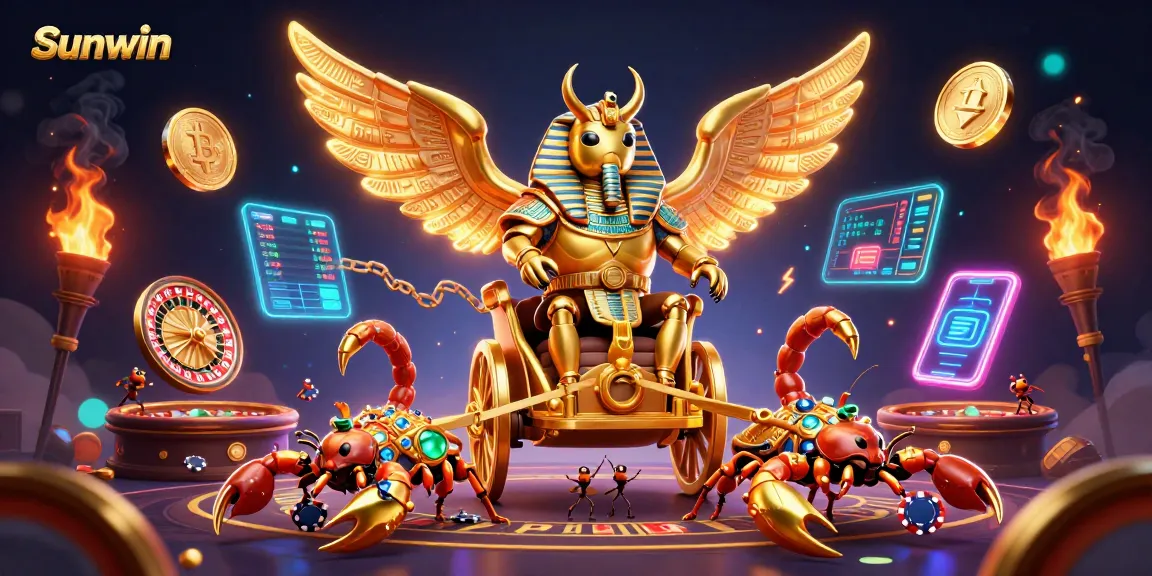 Experience thrilling game moments at Sunwin casino illustrated with vibrant characters and glowing elements.