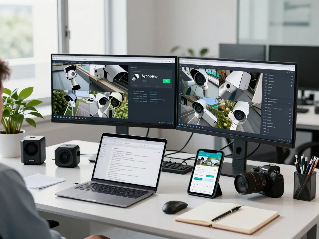 Überwachungsstation Einrichtung mit Experten, die mehrere Kamerafeeds und Sicherheitssoftware verwalten.