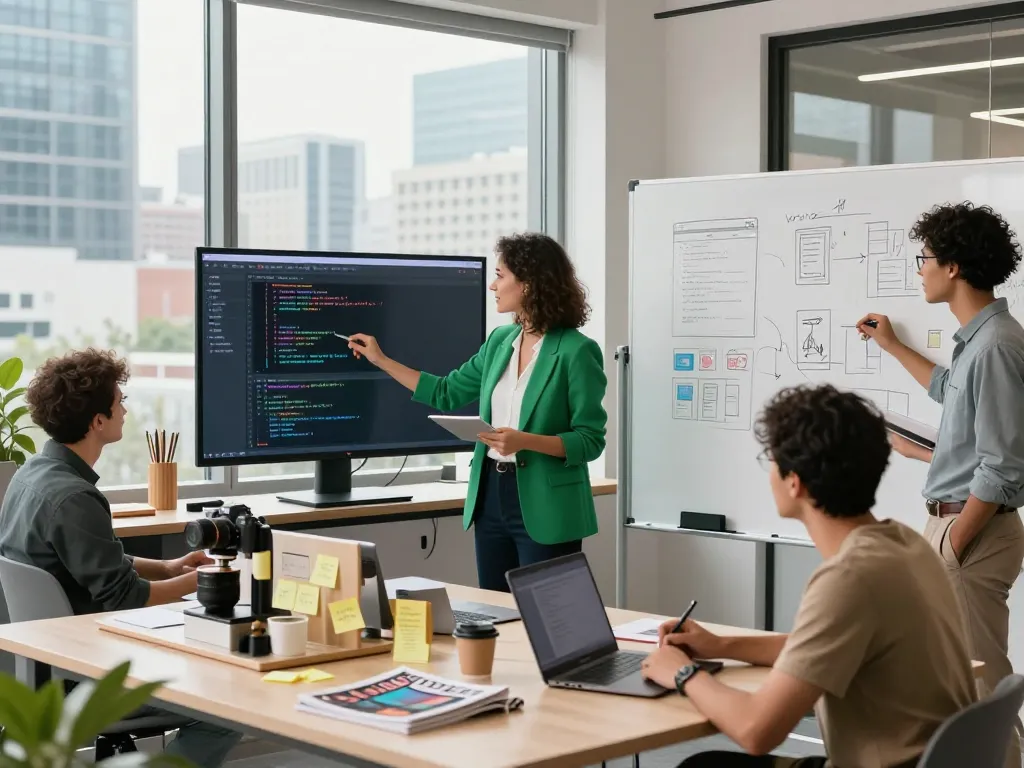 Entwickler arbeiten zusammen an webanwendung beauftragen in einem hellen Büro, das Teamarbeit und Technologie zeigt.