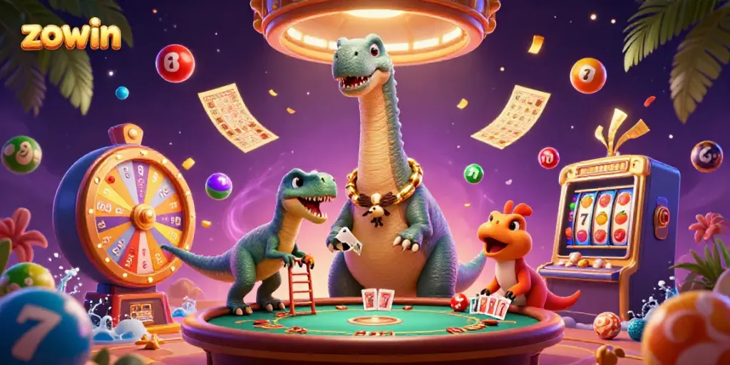 Zowin enhances your gaming experience with vibrant slots and dynamic elements in a lively casino scene.