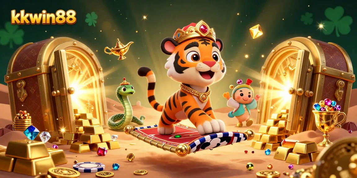Experience the excitement of kkwin88 with a vibrant 3D illustration featuring a tiger sultan and his treasures.