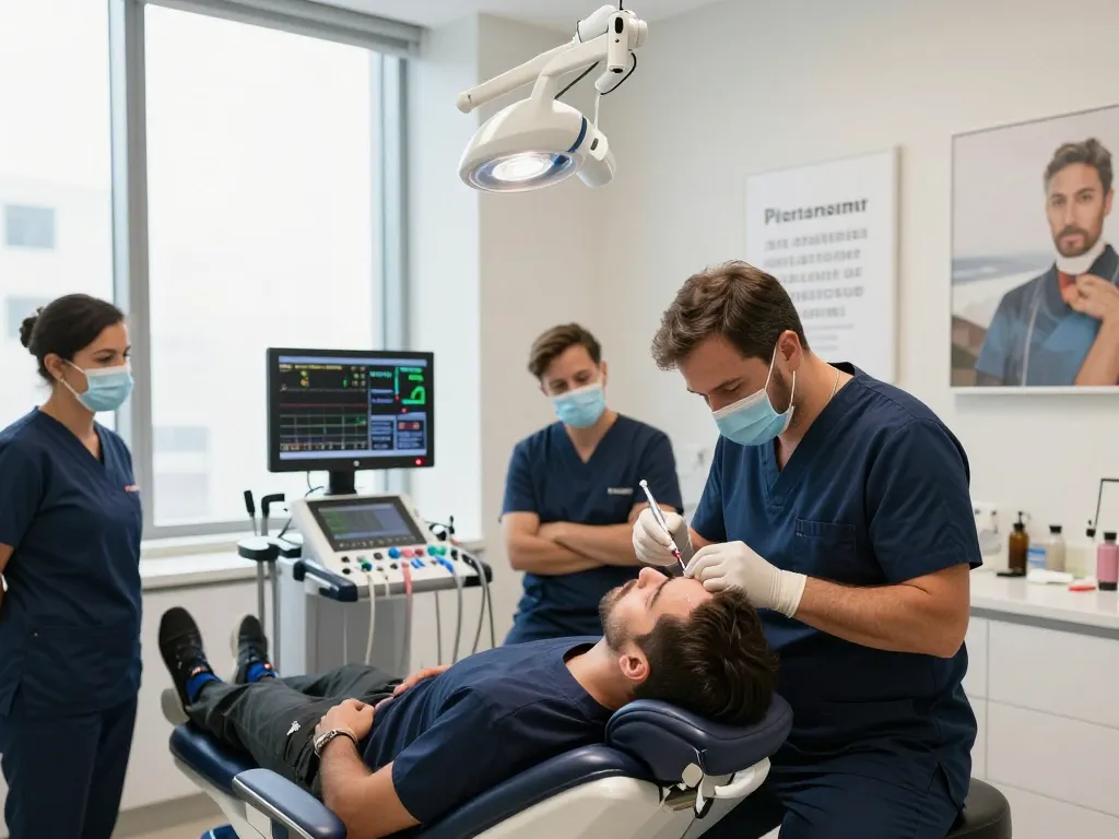Durchführung einer Haartransplantation in Istanbul, die Haarwiederherstellungstechniken in einer modernen Klinik zeigt.