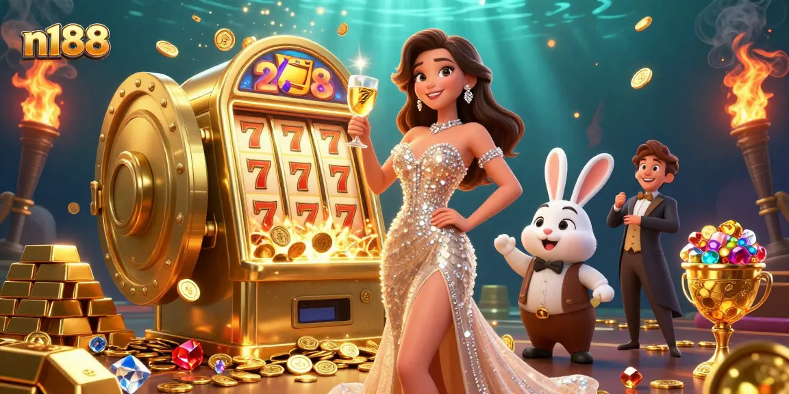 Experience the excitement at n188 with a glamorous woman celebrating beside a jackpot slot machine.