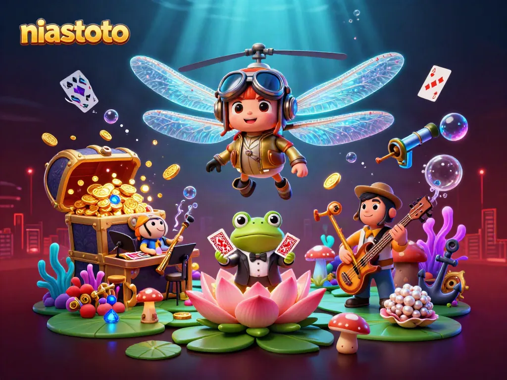 Gambarkan niastoto dengan pilot capung dan bandar kartu di kasino lily pad bawah air.