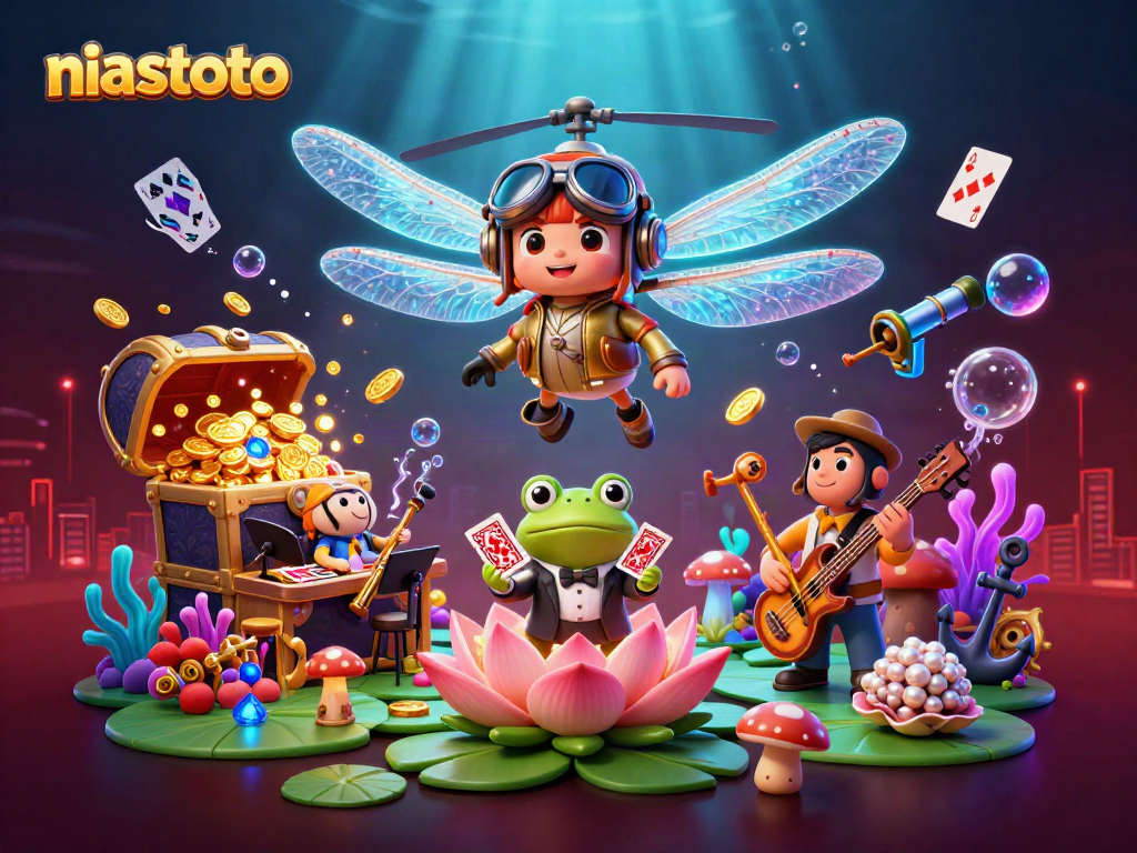 Gambarkan niastoto dengan pilot capung dan bandar kartu di kasino lily pad bawah air.