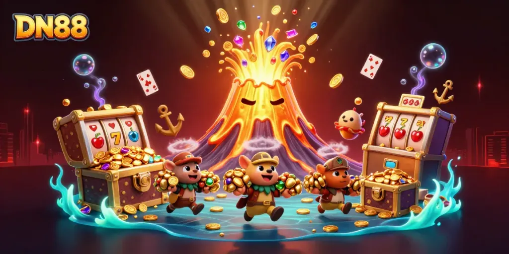 Experience thrilling moments at DN88, showcasing a vibrant volcano with treasure amidst a lively casino atmosphere.