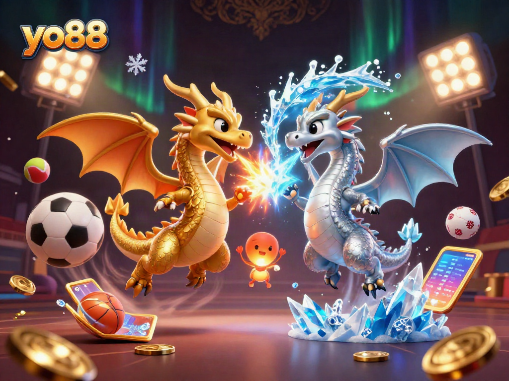 Experience thrilling games at yo88 with a vibrant 3D scene of intertwined dragons, sports elements, and casino excitement.